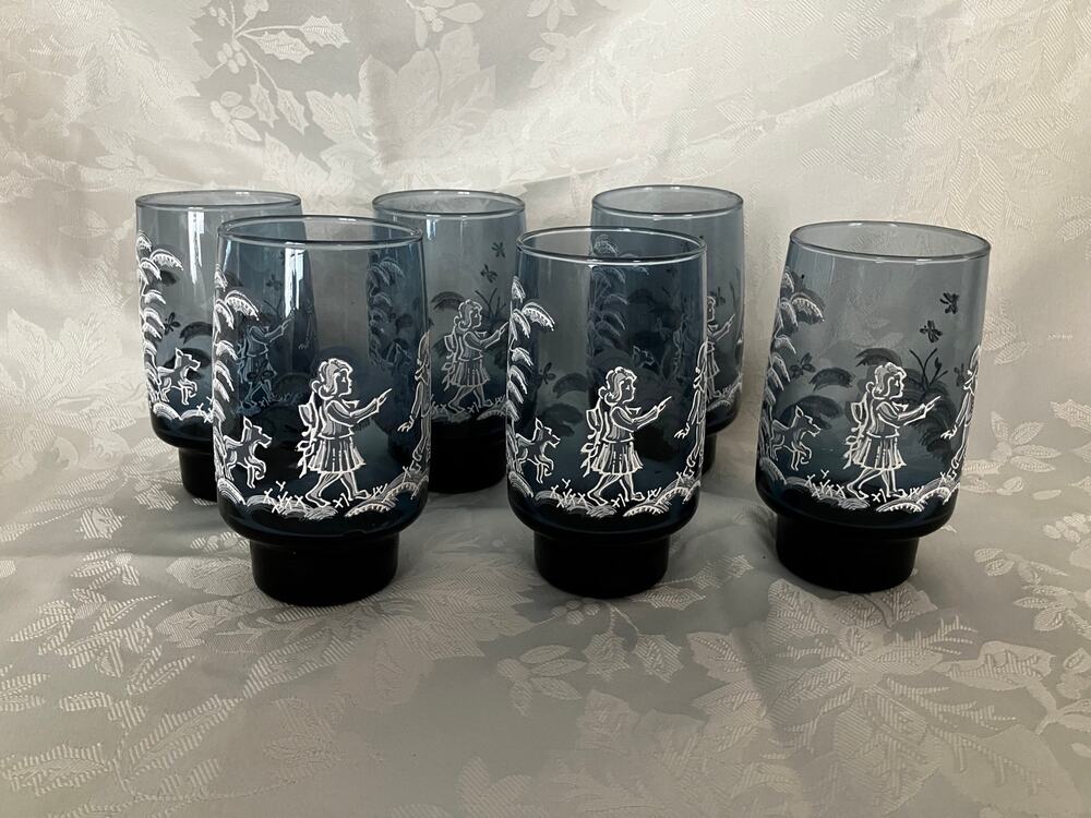 Set of 6 Libbey Smoky Blue Mary Gregory Style Glasses White Enamel Children